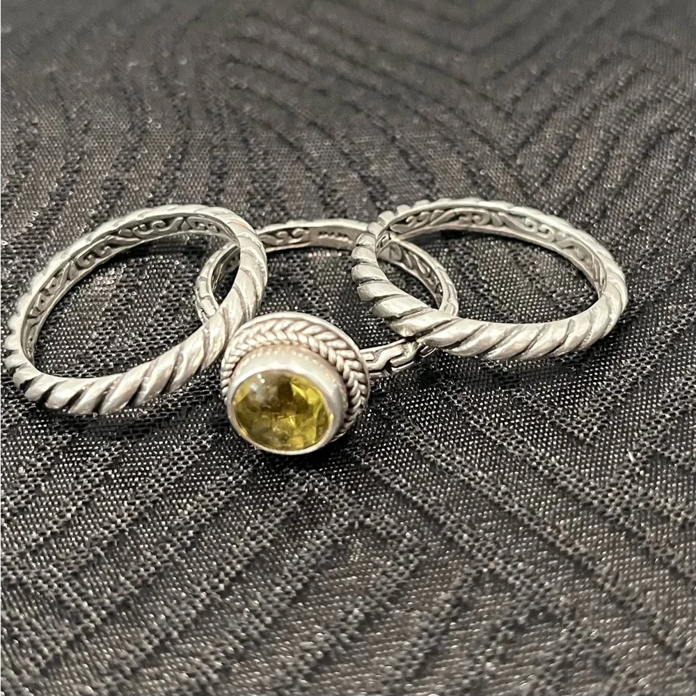 Sarda Olive Quartz Silver stack rings, set of 3, size 10